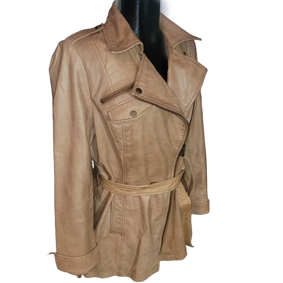 Black Rivet Women's Tan Leather Belted Jacket L - Picture 4 of 10